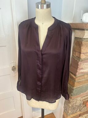 Banana Republic Deep Plum Silky V-Neck Long-Sleeve Blouse